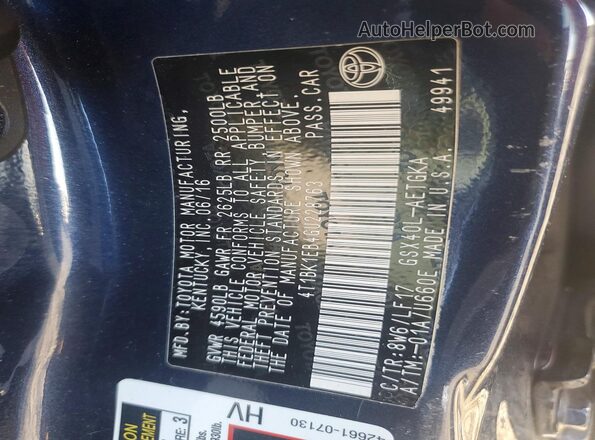 4T1BK1EB4GU228763 2016 TOYOTA AVALON Синий Вид подкапотного пространства