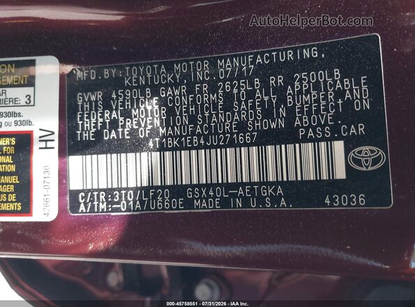 4T1BK1EB4JU271667 2018 TOYOTA AVALON Burgundy Vista del compartimento del motor
