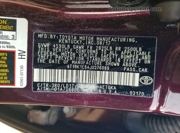 4T1BK1EB4JU276089 2018 TOYOTA AVALON Burgundy ძრავის განყოფილების ხედი