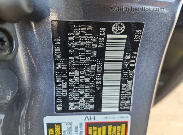 4T1BK1EB4JU285889 2018 TOYOTA AVALON Gray ძრავის განყოფილების ხედი