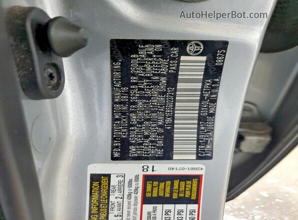 4T1BK1EB5GU237312 2016 TOYOTA AVALON Silver Vista de la etiqueta del VIN