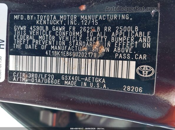 4T1BK1EB6GU202178 2016 TOYOTA AVALON Burgundy Vista del compartimento del motor