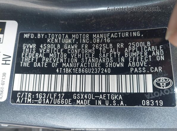 4T1BK1EB6GU237240 2016 TOYOTA AVALON Gray Вид підкапотного простору