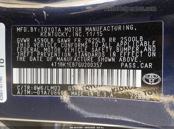 4T1BK1EB7GU200357 2016 TOYOTA AVALON Blue Вид підкапотного простору