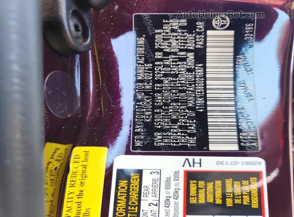 4T1BK1EB8GU216874 2016 TOYOTA AVALON Purple Vista de la etiqueta del VIN