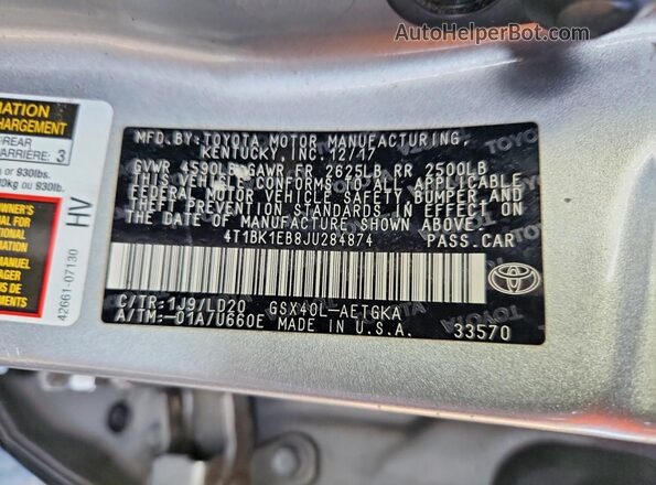 4T1BK1EB8JU284874 2018 TOYOTA AVALON Silver Vista del compartimento del motor