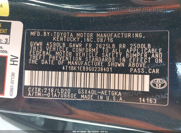 4T1BK1EB9GU238401 2016 TOYOTA AVALON Black Engine compartment view