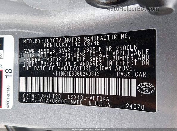 4T1BK1EB9GU240343 2016 TOYOTA AVALON Silver ძრავის განყოფილების ხედი