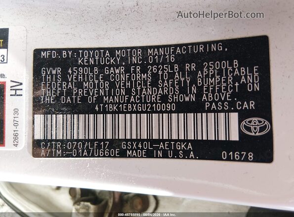 4T1BK1EBXGU210090 2016 TOYOTA AVALON Белый Вид подкапотного пространства