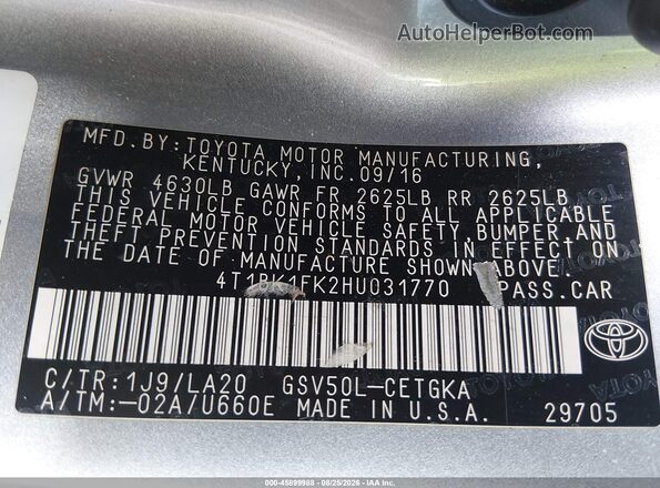 4T1BK1FK2HU031770 2017 TOYOTA CAMRY Silver Vista del compartimento del motor