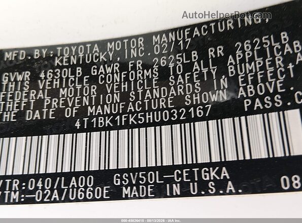 4T1BK1FK5HU032167 2017 TOYOTA CAMRY White Вид підкапотного простору
