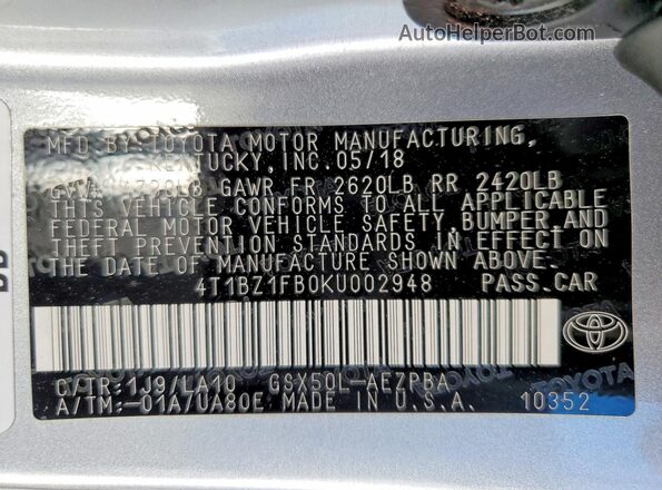 4T1BZ1FB0KU002948 2019 TOYOTA AVALON Silver VIN կոդի պիտակի տեսք