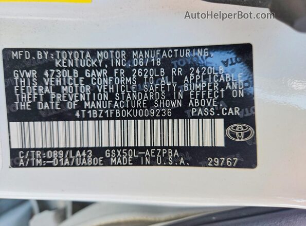 4T1BZ1FB0KU009236 2019 TOYOTA AVALON White Вид підкапотного простору