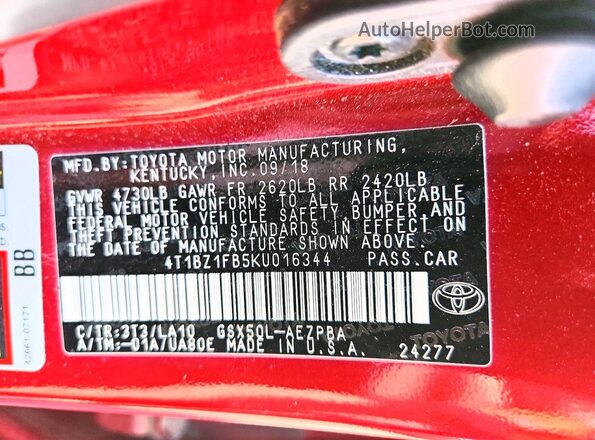 4T1BZ1FB5KU016344 2019 TOYOTA AVALON Зеленый Вид наклейки с VIN-кодом