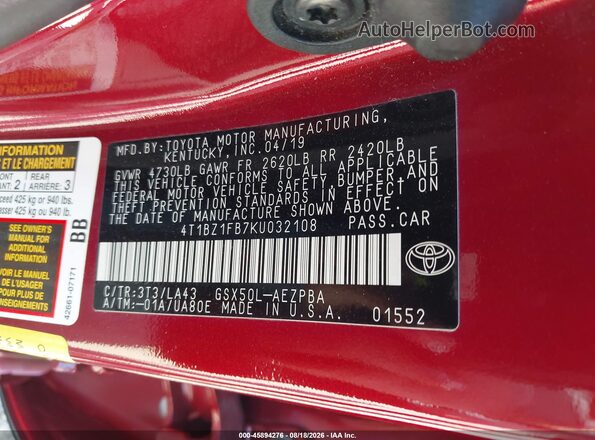 4T1BZ1FB7KU032108 2019 TOYOTA AVALON Red ძრავის განყოფილების ხედი