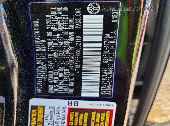 4T1BZ1FB8KU032148 2019 TOYOTA AVALON Black Widok komory silnika