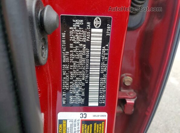 4T1BZ1FBXKU018087 2019 TOYOTA AVALON Красный Вид наклейки с VIN-кодом