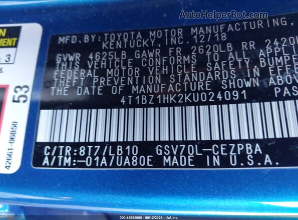 4T1BZ1HK2KU024091 2019 TOYOTA CAMRY Blue Widok komory silnika