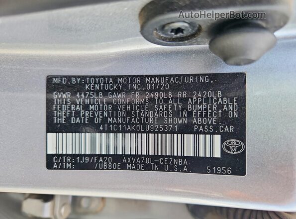 4T1C11AK0LU925371 2020 TOYOTA CAMRY Silver Vista del compartimento del motor