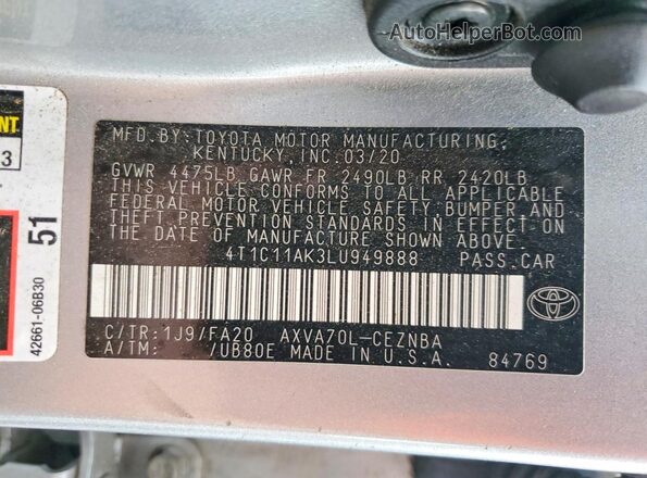 4T1C11AK3LU949888 2020 TOYOTA CAMRY Silver Շարժիչի բաժամունքի տեսք