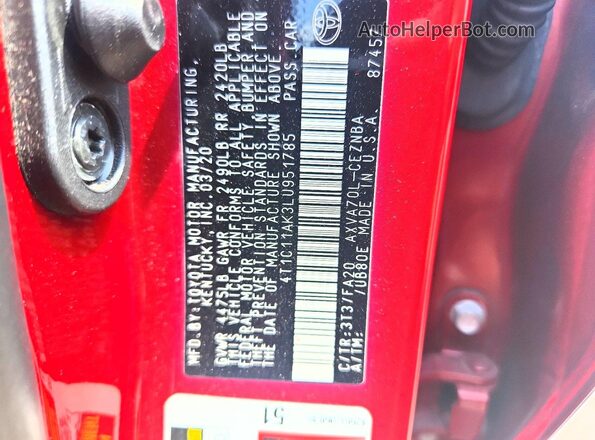 4T1C11AK3LU951785 2020 TOYOTA CAMRY Red ძრავის განყოფილების ხედი