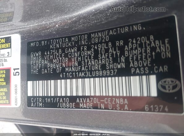 4T1C11AK3LU989937 2020 TOYOTA CAMRY Серый Вид подкапотного пространства