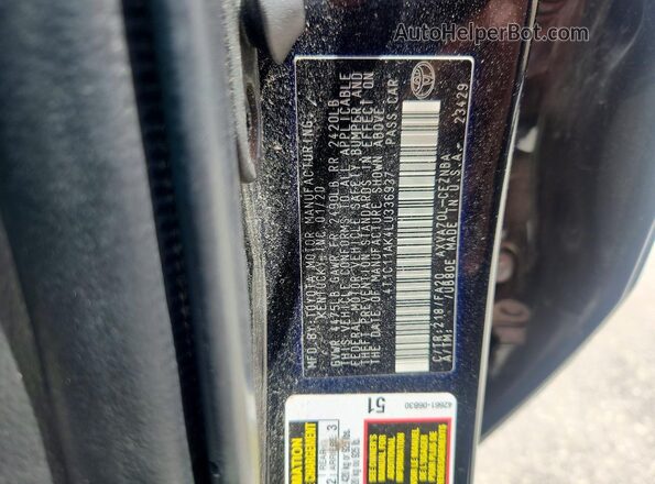 4T1C11AK4LU336937 2020 TOYOTA CAMRY Black VIN sticker view