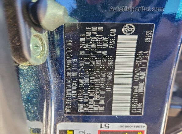 4T1C11AK6LU906887 2020 TOYOTA CAMRY Черный Вид наклейки с VIN-кодом