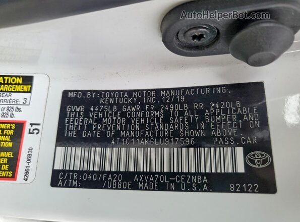 4T1C11AK6LU917596 2020 TOYOTA CAMRY White VIN კოდის სტიკერის ხედი