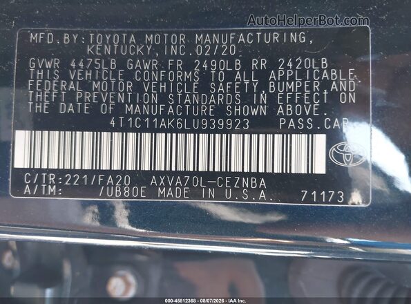 4T1C11AK6LU939923 2020 TOYOTA CAMRY Black Вид підкапотного простору