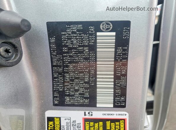 4T1C11AK6LU956091 2020 TOYOTA CAMRY Silver ძრავის განყოფილების ხედი