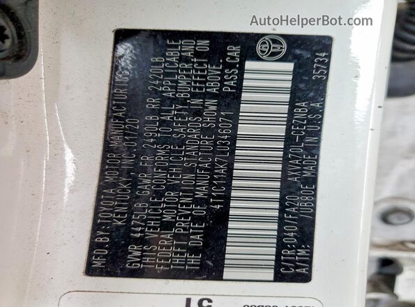 4T1C11AK7LU346071 2020 TOYOTA CAMRY White VIN կոդի պիտակի տեսք