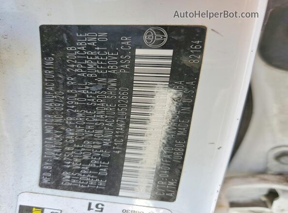 4T1C11AK7LU502660 2020 TOYOTA CAMRY White ძრავის განყოფილების ხედი