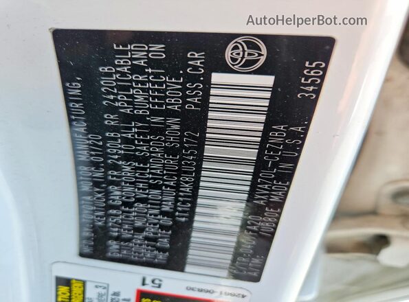 4T1C11AK8LU345172 2020 TOYOTA CAMRY White Widok komory silnika