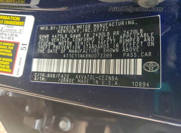 4T1C11AK8NU073399 2022 TOYOTA CAMRY Blue Vista del compartimento del motor