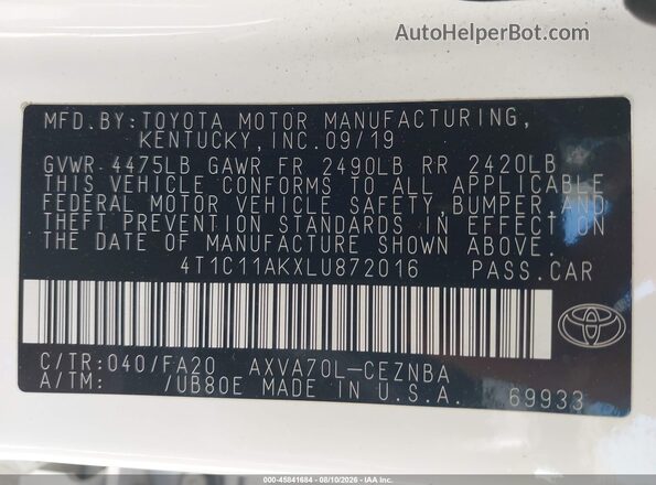 4T1C11AKXLU872016 2020 TOYOTA CAMRY Белый Вид подкапотного пространства