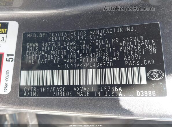 4T1C11AKXMU436770 2021 TOYOTA CAMRY Серый Вид подкапотного пространства