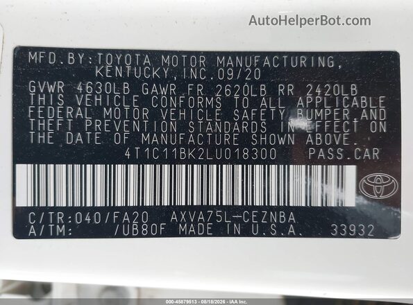 4T1C11BK2LU018300 2020 TOYOTA CAMRY White Вид підкапотного простору