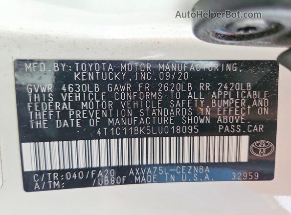 4T1C11BK5LU018095 2020 TOYOTA CAMRY White Widok komory silnika