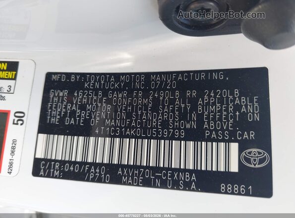 4T1C31AK0LU539799 2020 TOYOTA CAMRY White Widok komory silnika