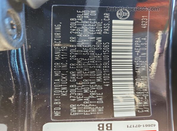 4T1D21FB9LU015065 2020 TOYOTA AVALON Black Vista del compartimento del motor