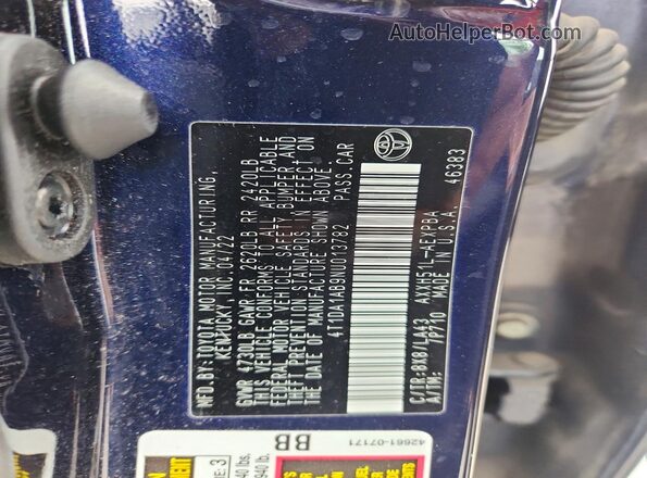 4T1DA1AB9NU013782 2022 TOYOTA AVALON Blue Vista del compartimento del motor