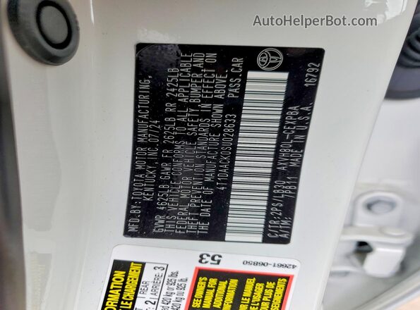 4T1DAACK0SU028633 2025 TOYOTA CAMRY White Շարժիչի բաժամունքի տեսք
