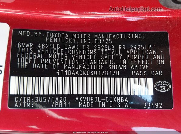 4T1DAACK0SU128120 2025 TOYOTA CAMRY Red Вид підкапотного простору