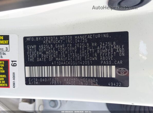 4T1DAACK0SU142051 2025 TOYOTA CAMRY White Вид підкапотного простору