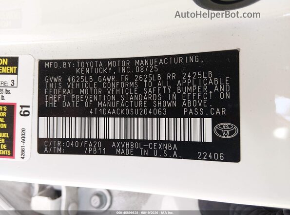 4T1DAACK0SU204063 2025 TOYOTA CAMRY White Vista del compartimento del motor