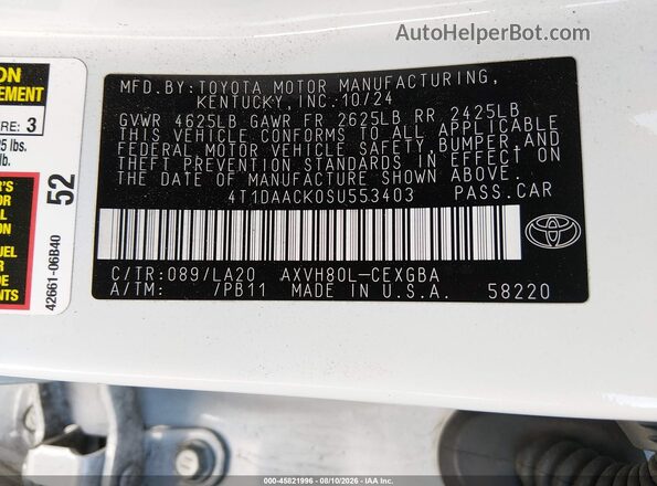 4T1DAACK0SU553403 2025 TOYOTA CAMRY White Widok komory silnika