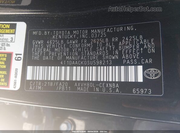 4T1DAACK0SU598213 2025 TOYOTA CAMRY Black ძრავის განყოფილების ხედი