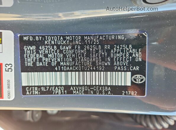 4T1DAACK0TU244192 2026 TOYOTA CAMRY Gray Vista del compartimento del motor