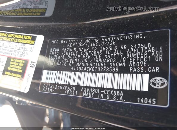 4T1DAACK0TU278598 2026 TOYOTA CAMRY Черный Вид подкапотного пространства